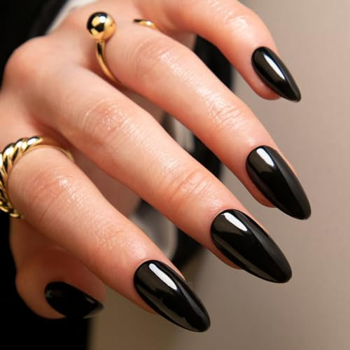 Boloshine Faux Ongles Courts, 24 Pièces Press on Nails Amande Faux Ongles, Ballerine Ongle Artificiels Fake Nails, Couleur Pure Couverture Complète Ongles à Coller pour Femmes et Filles, Noir Polaire