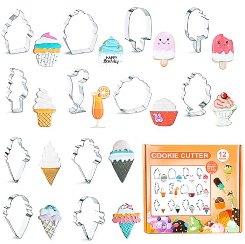 Holzsammlung Set di 12 Formine per Biscotti, Tagliabiscotti Acciaio Inox Cartone Animato Gelato Forme Estate Set di Stampi Biscotti per Bambini DIY Biscotti, Fondente, Torte Decorazioni