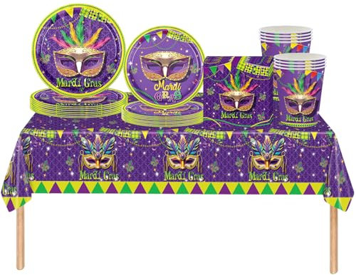 69Pcs Purple Mardi Gras Party Tableware Set,Mardi Gras Mask Decorations Mardi Gras Party Table Cloth,Paper Plates Napkins and Cups Dinnerware Set for Birthday Holiday Mardi Gras Party Decorations