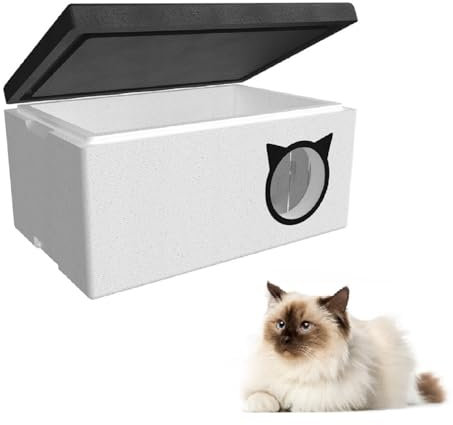 QLS Maison pour chat 58 x 38 cm résistante aux intempéries en polystyrène avec rideau