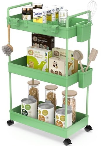 Ronlap Carrito de cocina con 3 niveles, carrito de servicio con vaso colgante, separador, gancho, estante con ruedas para cocina, dormitorio, oficina, verde