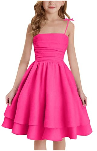 Fille Robe Bustier D'Été Vêtements Solid Chic Robe Élégant A-Ligne Robes sans Manches Vêtement Décontracté Funky Habillement Mi-Longue Hauts Mes Commandes Passées Rose Vif, 12-13 Ans