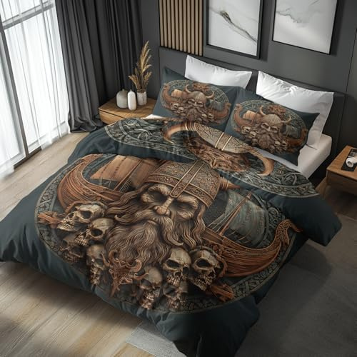 Generisch Bettwäsche 135x200 Wikinger Krieger Segelboot, Weiche Bügelfreie Mikrofaser Bettbezug Set 2tlg, Gothic Totenkopf Nordische Muster Schlafzimmer Deko, 1 Kissenbezug 80x80, mit Reißverschluss