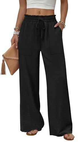 WIHOLL Wide Leg Palazzo Trousers Casual Summer Women's Clothing Elastic Drawstring Waist Soft Light Pants with Pockets for Beach Travel Daily Wearing Size 22-24 Black 2XL