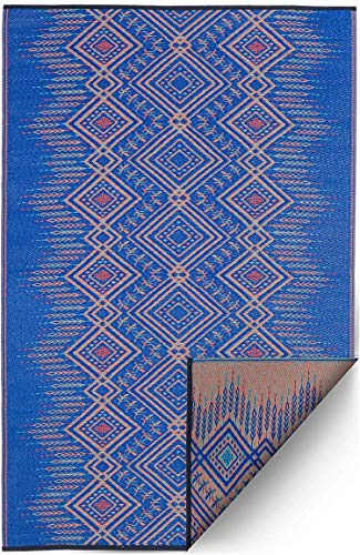 FAB HAB Outdoor-Teppich - wetterfest, farbecht, wendbar - recycelter Premium-Kunststoff - Südwest Boho - Terrasse, Balkon, Garten, Flur, Bad - Kunststoffteppich Jodhpur Blautöne, 120x180 cm