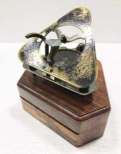 Antique Nautischer London-Sonnenuhr-Kompass mit Gravur, 10,2 cm, Messing, Navigationstaschenkompass mit Holzbox