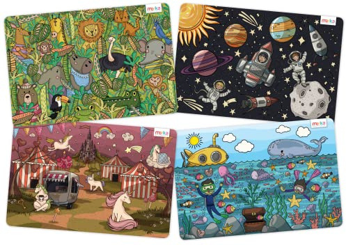 merka Kinder-Tischsets, pädagogisches Tischset, rutschfest, Designer-Set, Ozean, Weltraum, Dschungel, Einhörner, Lern-Tischset für den ESS- und Küchentisch (Space, Beach, Jungle, 17 x 11)