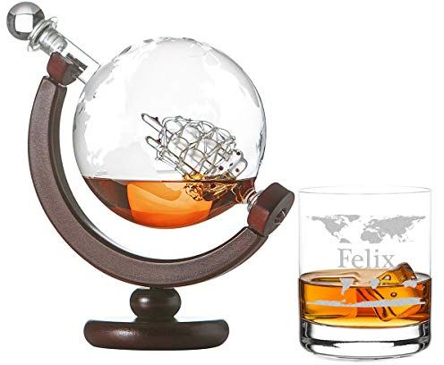 polar-effekt Whisky Set Globus Segelschiff aus Glas - 1 Whiskyglas Tumbler Glas Graviert Motiv Weltkarte - Weltkugel Dekanter 850ml - Personalisiert mit Namen - Geschenkidee Geburtstag