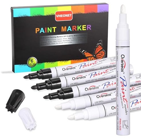 Black and White Paint Marker, Oil Based Paint Pen - 6 Pack Permanent Markers, Metallic Paints Pen,Fabric Marker, Medium Tip,Quick Dry,Waterproof Markers for Stone,Wood, Metal,Plastic, Glass,Ceramic