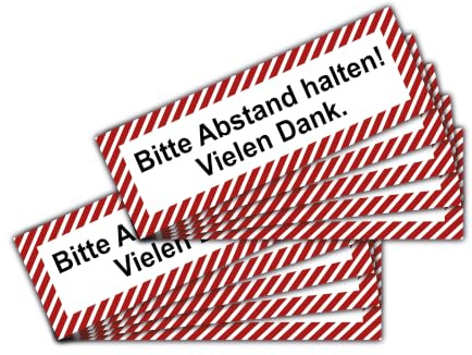 STROBO 10 Stück Aufkleber Abstand halten im Format 7,2 x 21 cm | Sticker mit geschlitzter Rückseite für den Innen- und Außenbereich | UV-Schutz, Wind- und Wetterfest