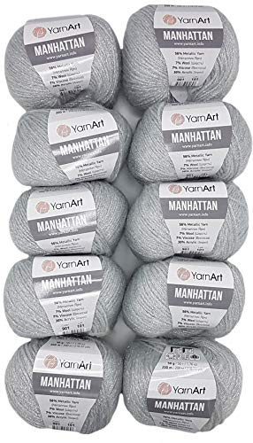 10 x 50g YarnArt Manhattan Viscose - Garn mit Glitzer, 500 Gramm Metallic-Wolle, Effektwolle (silber 901)