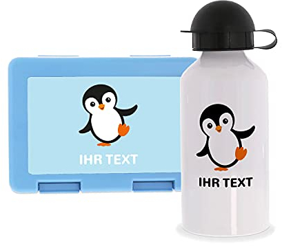 STEMPEL-FABRIK Lunchbox Hellblau und Trinkflasche mit Design - Pinguin - Personalisiertes Geschenk - Set - Brotzeitbox - Brotbox und Wasserflasche für Kinder - Einschulungsgeschenke - Kindergarten