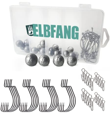 ELBFANG Cheburaschka Set | 60 TLG. mit Box (12g/14g/18g/21g/) | Inkl. 20 Offset Haken | Texas Rig Jigköpfe Set