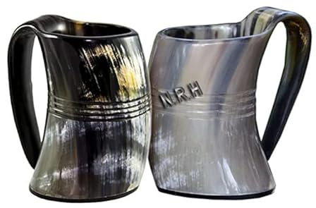 Viking Drinking Horn Mug (Set of Two) Handcrafted Ox Cup Goblet - Drink Mead & Beer Like Game of Thrones Heroes with This Large Tankard Stein - Great Craftsmanship A Perfect Present for Real Men