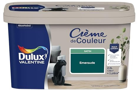 Dulux Valentine Crème de Couleur - Peinture multi-supports intérieure - Satin Emeraude 2,5 L