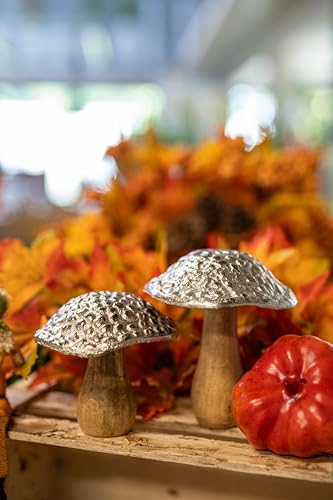 Mango-Holz und Metall Figur Pilz braun Silber 2er Set - 11 und 15cm Dekofigur Wald-Deko Tisch Dekoration