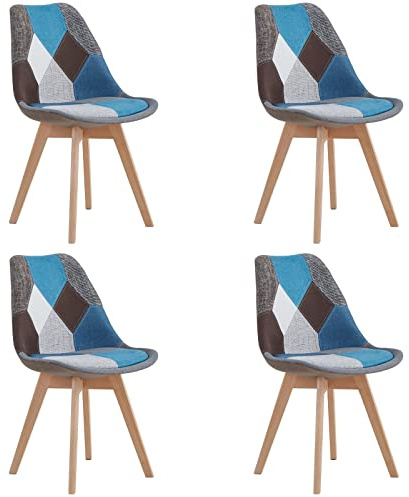 HJhomeheart Set aus 4 Esszimmerstühlen aus Patchwork-Stoff mit abnehmbarem Sitzkissen und Massivholzbeinen für Esszimmer, Wohnzimmer, Küche usw. (Blau Patchwork)
