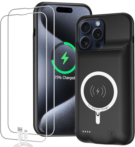 Battery Case for iPhone 15 Pro, Full Encircle 10000mAh High Capacity Rechargeable Portable Charger Case Extended Battery Pack for iPhone 15 Pro (6.1 inch) Wireless Charging Cover with Carplay-Black