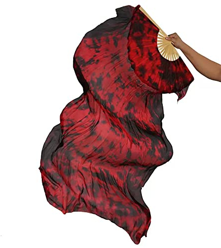 TMZAQH Women 1 Piece Right Hand Real Silk Long Belly Dance Fan Veils 150 * 90 cm, Red and Black Tie-dye, 150*90cm