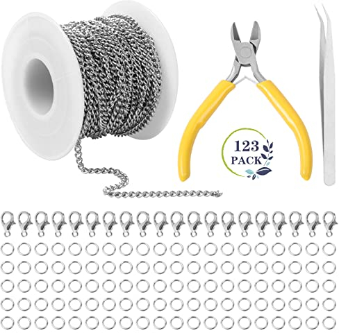 Nswayy 33 Füße Ketten Basteln Gliederkette Silber Meterware Edelstahl mit 20 Karabinerverschluss 100 Biegeringe für DIY Halskette 1 Schmuckzange 1 Drahtschneider Zange