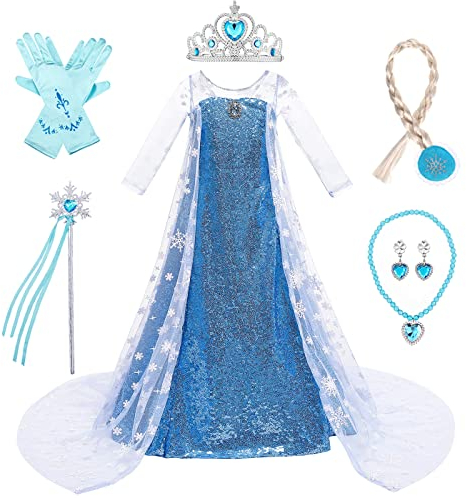 LOBTY Mädchen ELSA Prinzessin Kleid mit Accessoires Krone Halskette Handschuhe Schneekönigin Verkleidung Weihnachten Geburtstag Party Halloween Karneval Cosplay Kinder Prinzessin Kleid