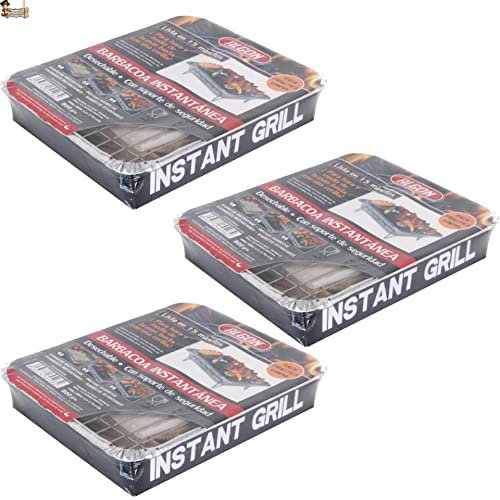 BricoLoco.com Barbacoa instantánea desechable de un solo uso para usar y tirar. ¡¡¡ Pack 3 uds. de 800 gramos de carbón “ y parrilla. Para jardín, picnic, excursiones, camping, en la cocina (3)