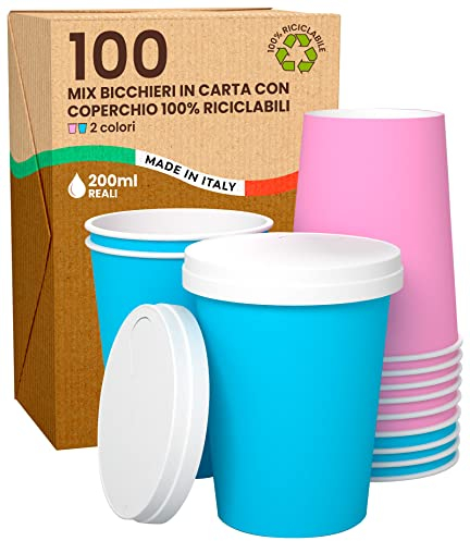 100 Gobelets Carton avec 100 Couvercles pour Emporter, 200ml, Gobelet Rose et Bleu Baby Shower, Écologiques, Biodégradables et Jetables, Résistant à la Chaleur, Boissons Froides, Boissons Chaudes
