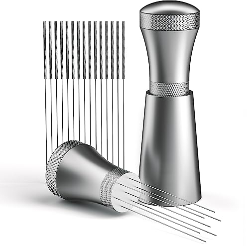 Foonii Wdt Tool, Abnehmbar Kaffee Distributor mit Ständer mit 7 Espresso Nadel 0.3mm, Aluminium Wdt Tool Espresso Coffee Distributor, Geschenke für Baristas (Silber)