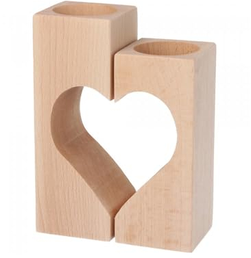 Wooden World - Coppia di portacandele in legno a forma di cuore - portacandele a forma di cuore