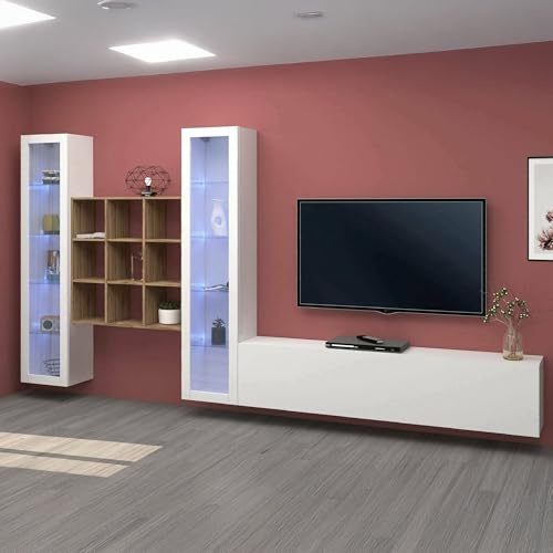 Dmora - Ausgestattete Wand Egidio, 3-türiges TV-Ständer-Wohnzimmerset, Mehrzweck-Wohnzimmermöbel mit Vitrine und LED-Licht, 100% Made in Italy, 350 x 30 x 180 cm, glänzendes Weiß und Ahorn,