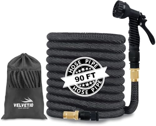 VELVETIO Expandable Strong Garden Hose Pipe 90FT, 7 Function Nozzle Spray Gun with 3/4 1/2 1 Leakproof Connector, 4 Layer Latex Core No Kink Flexible Hose for Outdoor & Car Wash, Black