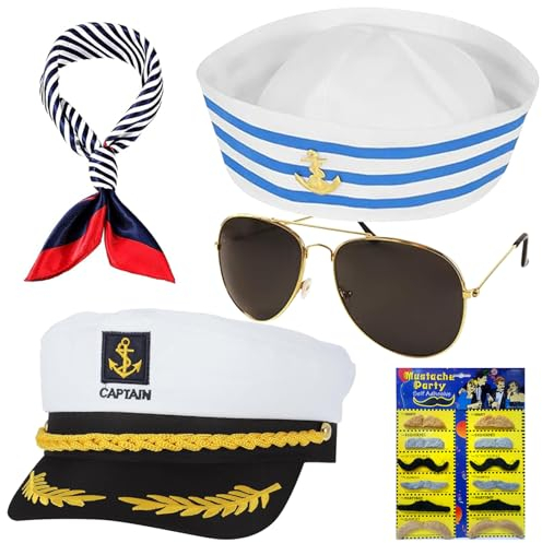 Zkaoai Kapitänsmütze Matrosenmütze, Kapitän Matrosen Kostüm, Kapitänsmütze Kostüm, Marine Mütze, Seemann Hut, Schal, Sonnenbrille, Kapitän Prop, Marine Hut für Karneval Mottoparty Partys Cosplay