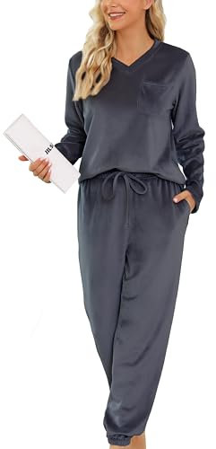Vlazom Pigiami Donna Pigiami Due Pezzi A Maniche Lunghe Invernali Caldo Pile Morbido Pigiama，Grigio Scuro，XL
