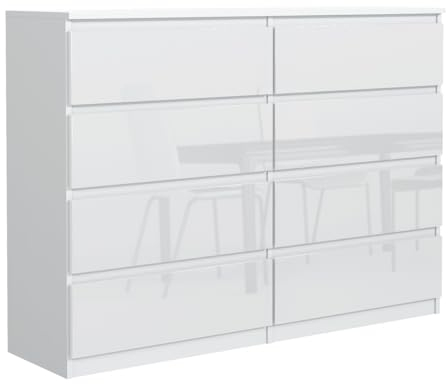 MebLocker Kommode mit 8 Schubladen 140 cm Ideal für Wohnzimmer, Schlafzimmer, Kinderzimmer, Jugendzimmer und Büro Moderne Elegante Lösung für stilvolle Aufbewahrung (Weißer Glanz)