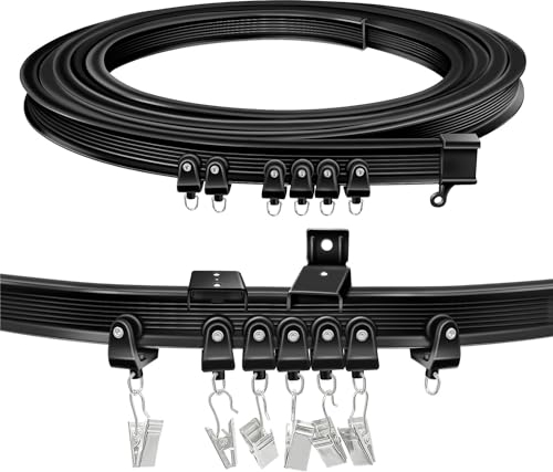 TOKPLNU Curtain Rail, Flexible Bendable Ceiling Curtain Track 4.26m Black Curved Curtain Rail Track Ceiling Wall Mounted Curtain Rails and Fittings for Bay Window Shower Room Divider