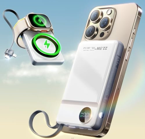 LISEN Power Bank per iPhone Magsafe, Power Bank magnetico wireless da 10000 mAh Cavo internazionale integrato per Magsafe Ricarica rapida compatibile con iPhone 16 15 14 13 Watch