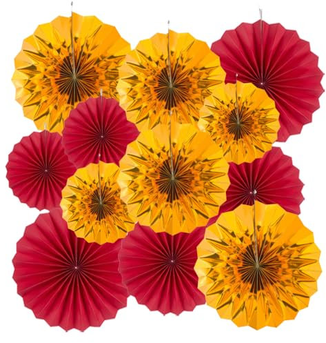 MOWO Gold and Red Paper Fans, 12pc Variety Pack, Party Decoration, Hanging Ornaments, Occasion: Birthday, Wedding, Baby Shower, Holiday