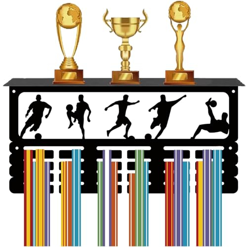 CREATCABIN Appendiabiti per Medaglie da Calcio Scaffale per Trofei Porta Medaglie da Calcio con Supporto per Mensola Sport 4 Supporto da Parete Sospeso in Metallo Contiene 70+ medaglie per 40x20x10cm