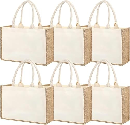 33 x 20 x 11cm Burlap Tote Bag, 6 Pack Reusable Jute Gift Totes with Handles, Water Resistant Beach Bag, Canvas Grocery Shopping Totes for Wedding Bag, Bridesmaid, Shopping, DIY