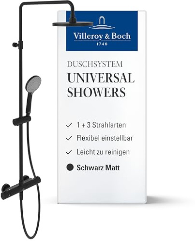 Villeroy & Boch Universal Showers Duschsystem – Schwarz Matt | Regendusche, Thermostat, Handbrause mit 3 Strahlarten, flexibler Handbrausehalter, pflegeleicht, TVS109002000K5
