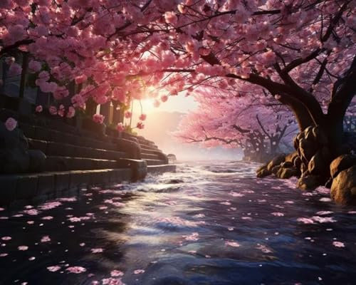 Renqidian 5D Diamant-Malerei-Set für Erwachsene Kirschbaum DIY Runde Diamant-Stickerei Kristall Strass Mosaik Gemälde Kunst Handwerk 40x50cm