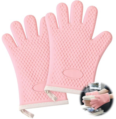 Oven Mitts Heat Resistant Thick Silicone Cotton Liner Kitchen Gloves for 1200°C with Waterproof and Non-Silp, Set of 2 Five-Finger Oven Gloves for Baking, Cooking, Barbecue,