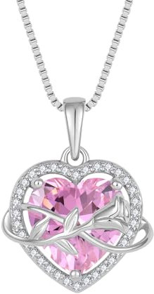 starchenie Collana Cuore Donna Argento 925 con Rosa Eterna Tormalina Rosa Pietra Portafortuna Zirconi Ciondolo Regalo Gioielli
