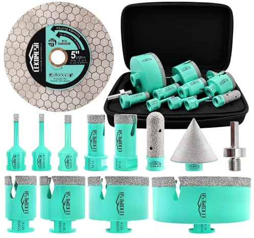LEKOMESH Tile Hole Cutter Set-(6/6/8/20/25/35/50/68/110mm+20mm Finger Bit+50mm Chamfer Bit+HEX Adapter+ Tile Saw Blade) Diamond Hole Saw Kit for Porcelain M14 Thread