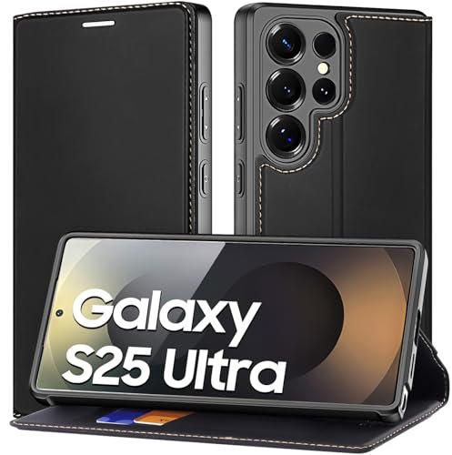 RollinCase Handyhülle für Samsung Galaxy S25 Ultra 5G, Premium Lederhülle mit Kartenfächern, Klapphülle mit Standfunktion für Samsung Galaxy S25 Ultra, Schwarz