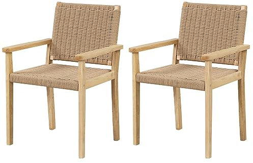Outdoor Dining Chair Set of 2 with Armrests & Woven Fibre Rope Seat Rubber Wood Patio Bistro Chairs for Poolside Backyard Lawn Balcony