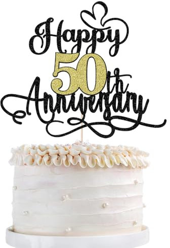 Qertesl Black gold Happy 50th Anniversary Cake Toppers- 50 Wedding Anniversary Party Decoration Ideas,Birthday Cake Decorations,50th Anniversary Party/Birthday Party Decorations