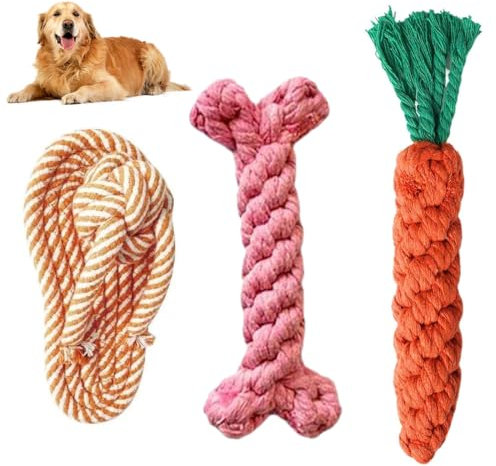 GGUFAY Juguetes de Cuerda para Perros 3 Pack,Juguetes de Masticar Duraderos e Interactivos de Algodón Natural, Cuerda de Juguete para Perros con Nudos, ideal para Cachorros y Juguetes Dentales