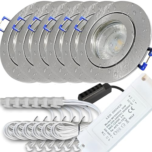 LED Decken Einbauspots 6er Set –, IP44, Feuchträume, Niederspannung 12V, 400 Lumen, Neutralweiß, 5W, Rund, inkl. Netzteil & 120cm Zuleitung mit AMP Stecker. Bad, Dusche, überdachter Aussenbereich