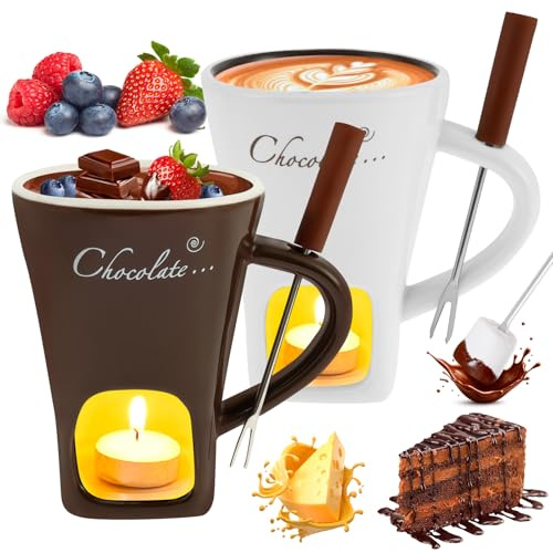 Set of 2 Ceramic Chocolate Fondue Mug with Fork Melting Pot | Cheese Warmer Melter Cups for Christmas Hot Sweet Butter Fondue Sets White Black